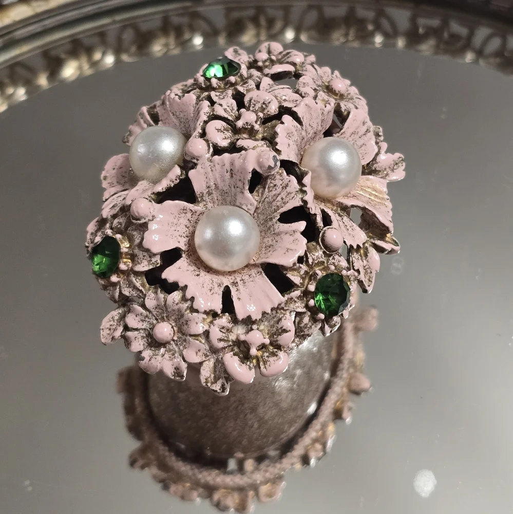 Vintage Florenza Pink Jeweled Floral Basket Trinket Box